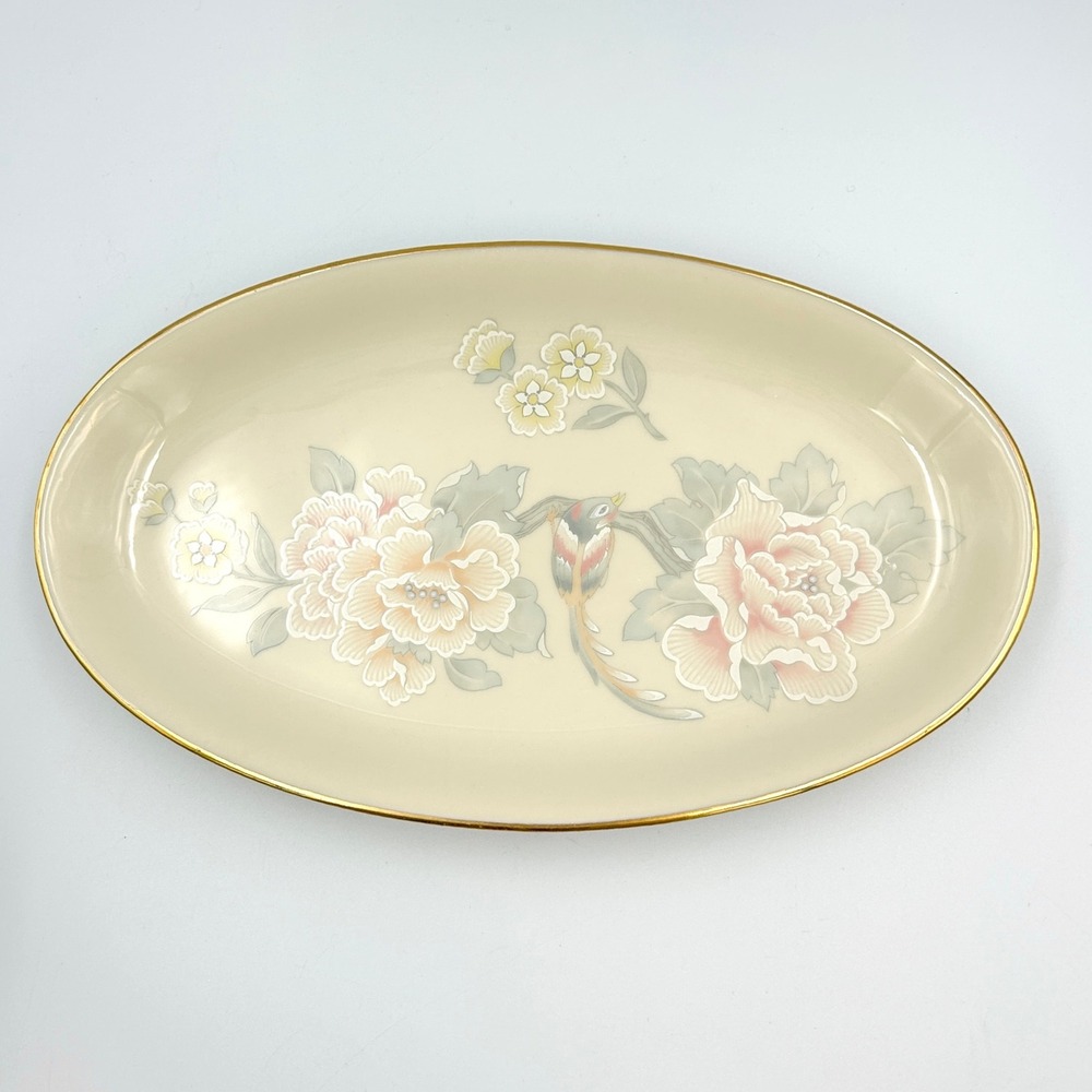 VTG Lenox Floral Bird Oval Serving Platter Cream Gold Trim Chinoiserie USA 9.5in - Picture 9 of 11
